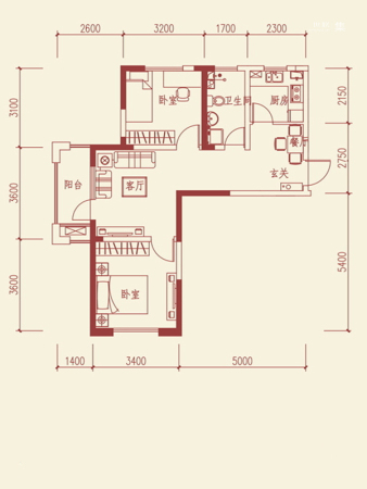 鲁班·尚品D1户型-2室2厅1卫1厨建筑面积76.77平米