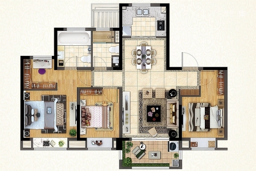 新城盛世B户型-3室2厅2卫1厨建筑面积112.00平米