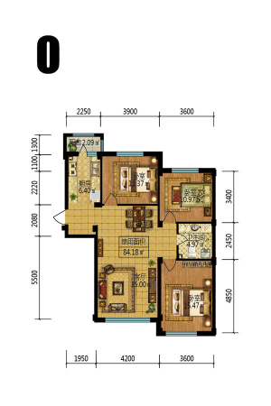 梧桐郡O户型-3室1厅1卫1厨建筑面积112.08平米