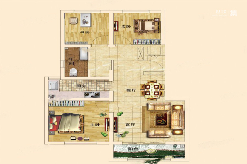 龙山尚苑D户型-3室2厅1卫1厨建筑面积97.23平米