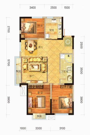 广厦绿园H1户型-3室2厅1卫1厨建筑面积110.33平米