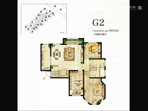 香江湾洋房G2户型-3室2厅2卫1厨建筑面积153.00平米