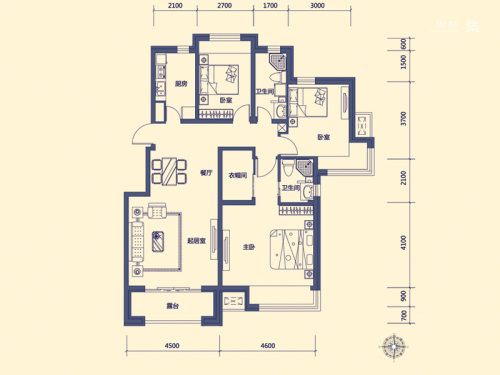 隆都世界湾享湾B户型-3室2厅2卫1厨建筑面积123.00平米