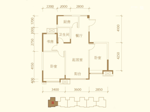 滨海星河荣御洋房标准层B户型-3室2厅1卫1厨建筑面积92.00平米