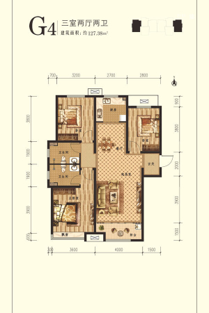 想象国际南13#标准层G4户型-3室2厅2卫1厨建筑面积127.38平米