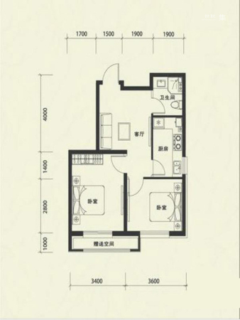 康华·朗香邸E户型-2室1厅1卫1厨建筑面积64.00平米