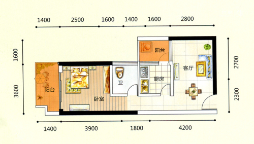 领秀一方一期E1户型-1室1厅1卫1厨建筑面积55.67平米