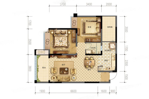 嘉和世纪城1栋A1-1户型标准层-2室2厅1卫1厨建筑面积83.39平米