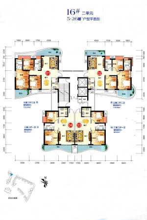 大都·金沙湾16#二单元户型-3室2厅2卫1厨建筑面积119.23平米