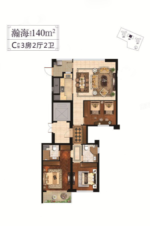 厦门华玺瀚海C户型-3室2厅2卫1厨建筑面积140.00平米