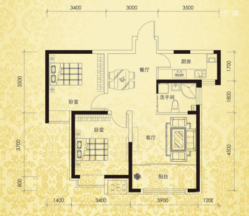 恒盛豪庭J-2户型-2室2厅1卫1厨建筑面积86.00平米