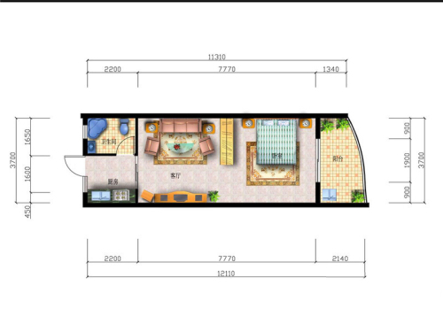 北海银滩海尊公寓A02、A11户型-1室1厅1卫1厨建筑面积47.14平米
