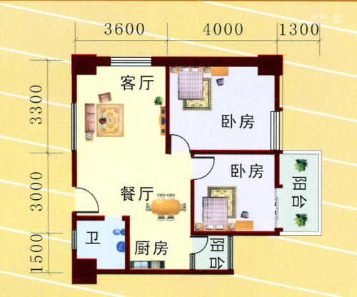 创基大厦一期1号楼B2户型-2室2厅1卫1厨建筑面积80.61平米