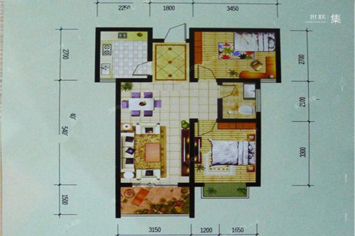 汉景名都67平米户型-2室2厅1卫1厨建筑面积67.00平米