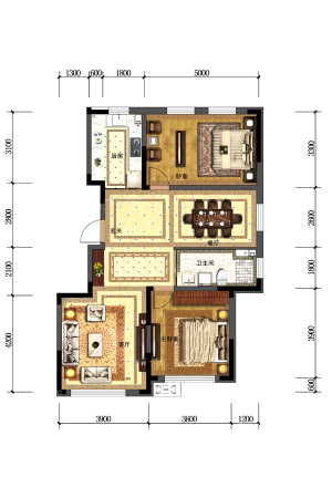 金色橄榄城三期三期C3户型图-2室2厅1卫1厨建筑面积109.05平米