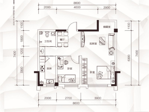 上东城市之光三期高层C户型-2室2厅1卫1厨建筑面积72.00平米