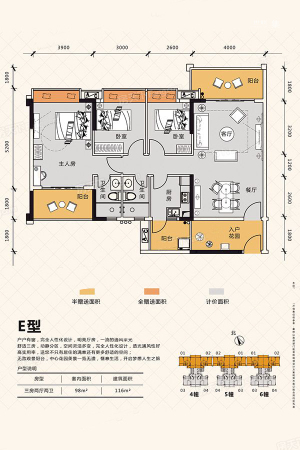 正邦华颢豪庭E型4、5、6幢01户型（02为镜像户型）-3室2厅2卫1厨建筑面积116.00平米