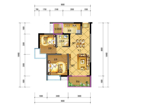 熙水岸1期1、3栋标准层G2户型-2室2厅1卫1厨建筑面积77.48平米