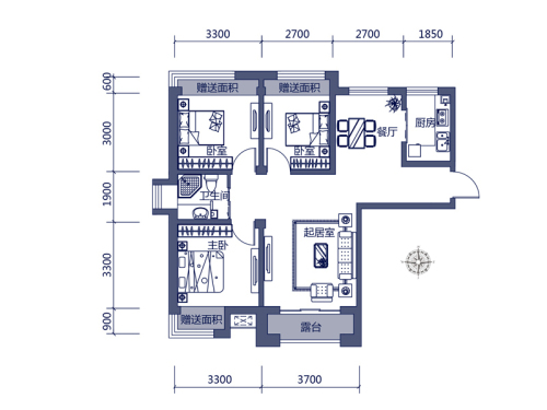 隆都世界湾创意星户型-3室2厅1卫1厨建筑面积100.00平米