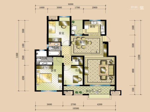 东方曼园一期1-4、6、10、12、13幢标准层A户型-3室2厅2卫1厨建筑面积118.00平米