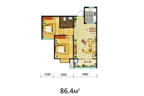 氧派湾标准层A户型-2室2厅1卫1厨建筑面积86.40平米