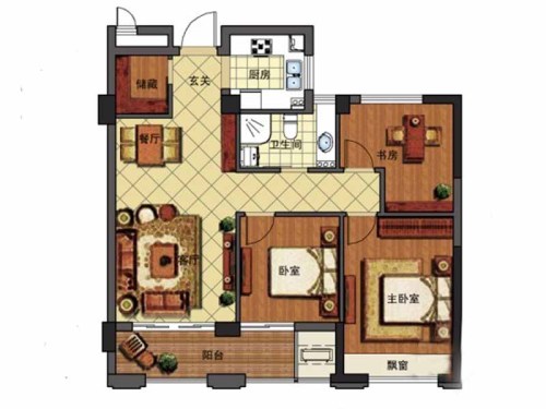 金色时代B户型-3室3厅1卫1厨建筑面积107.00平米