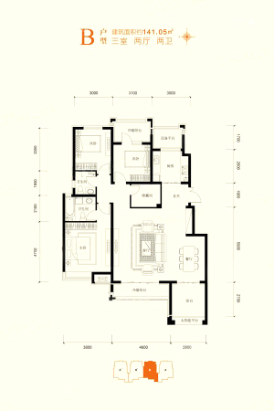 藁城天山熙湖二期洋房B户型-3室2厅2卫1厨建筑面积141.05平米
