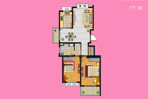 香缇郡二期2、6、10幢标准层H户型-2室2厅1卫1厨建筑面积97.20平米
