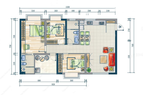 鑫海大厦C户型-3室2厅2卫1厨建筑面积88.55平米