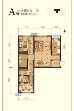 想象国际南10#标准层A4户型-2室2厅1卫1厨建筑面积90.09平米