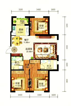 东方新天地三期F户型-3室2厅2卫1厨建筑面积125.00平米