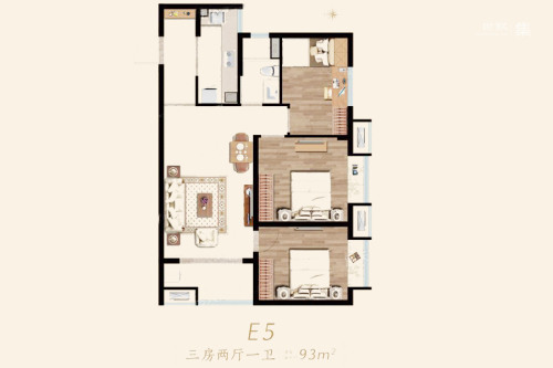 中海桃源里项目3#E5户型-3室2厅1卫1厨建筑面积93.00平米