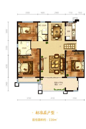 奥冠水悦龙庭洋房116平户型-3室2厅0卫1厨建筑面积116.00平米