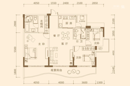 富丽华海御一期1#楼D户型-3室2厅2卫1厨建筑面积126.35平米