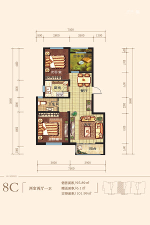 纳里印象8#标准层C户型-2室2厅1卫1厨建筑面积95.89平米