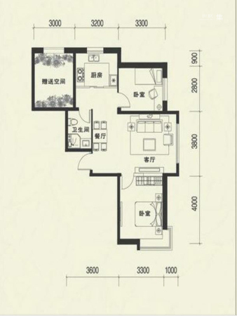 康华·朗香邸D户型-3室2厅1卫1厨建筑面积82.00平米