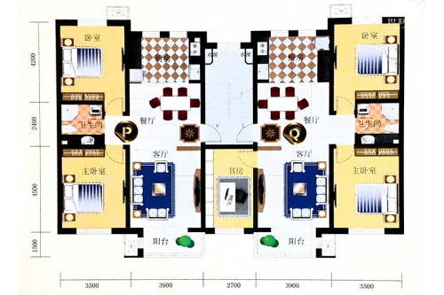 名仕雅居PQ户型-2室2厅1卫1厨建筑面积95.58平米