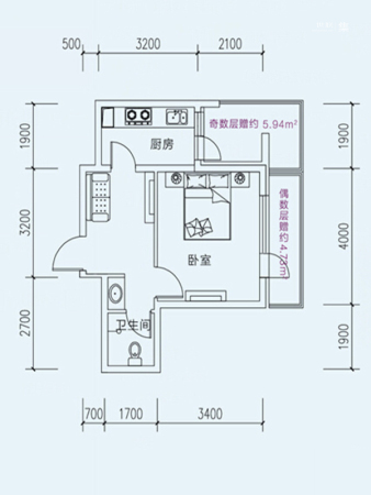 海伦堡A座E户型-1室1厅1卫1厨建筑面积41.00平米