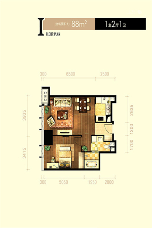 新世界·名汇I户型-1室2厅1卫1厨建筑面积88.00平米