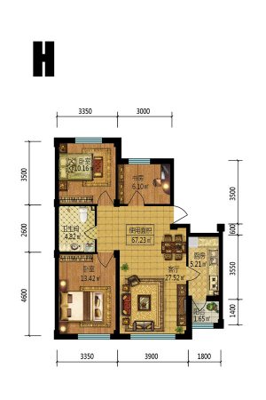梧桐郡H户型-3室1厅1卫1厨建筑面积83.88平米