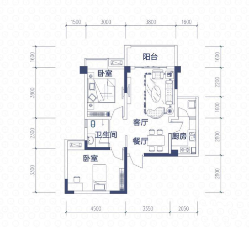 城市之心(新都)1期2号楼标准层A2户型-2室2厅1卫1厨建筑面积84.24平米