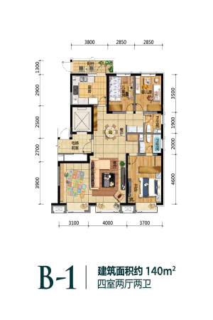 万科翡翠公园B-1户型图-4室2厅2卫1厨建筑面积140.00平米