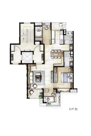 高尔夫社区汤泉美地城B户型123平-3室2厅2卫1厨建筑面积123.00平米