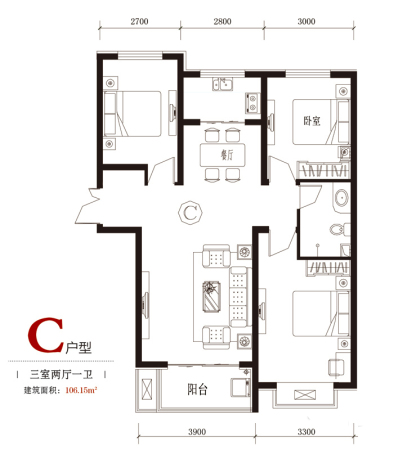 国风标准层C户型-3室2厅1卫1厨建筑面积106.15平米