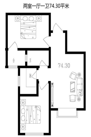 傲湖铂岸两室一厅一卫户型-2室1厅1卫1厨建筑面积74.30平米