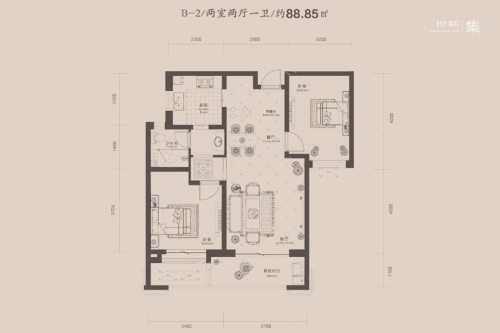 瀚林甲第2号楼B-2户型-2室2厅1卫1厨建筑面积88.85平米