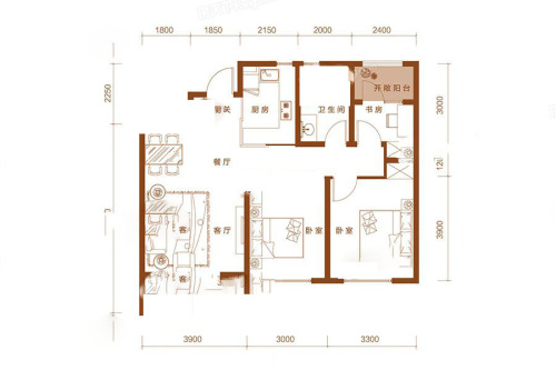 亿博隆河谷B1户型-3室2厅1卫1厨建筑面积99.33平米