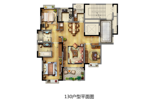 华新城璟园二期1-11#标准层130平方米户型-3室2厅2卫2厨建筑面积130.00平米