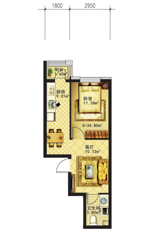 好人家10号楼使用面积34.8平米户型-1室1厅1卫1厨建筑面积55.68平米
