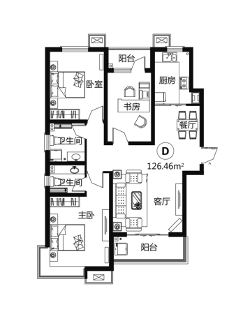 天玺名著14#标准层D户型-3室2厅2卫1厨建筑面积126.46平米